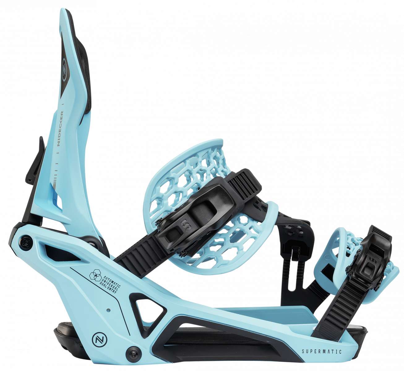 Nidecker Supermatic Snowboard Binding - A light blue snowboard binding with a black strap and buckle, featuring a geometric pattern on the baseplate.