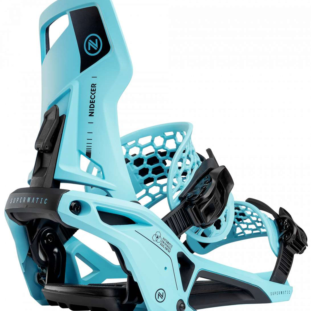 Nidecker Supermatic Snowboard Binding - A light blue snowboard binding with a black logo on top and a honeycomb patterned plastic piece at the back.