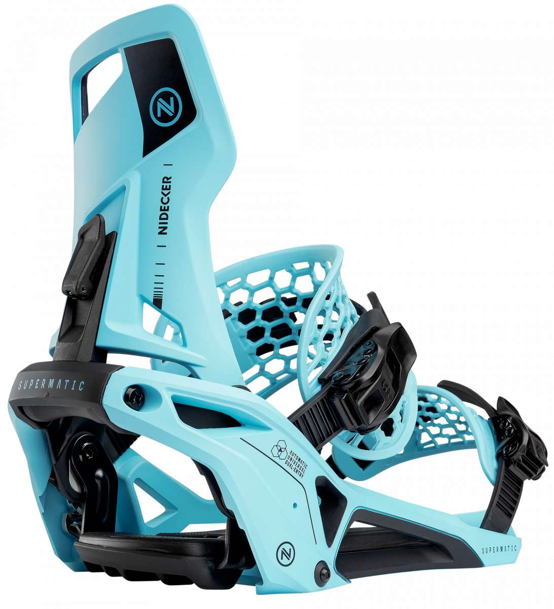 Nidecker Supermatic Snowboard Binding - A light blue snowboard binding with a black logo on top and a honeycomb patterned plastic piece at the back.