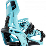 Nidecker Supermatic Snowboard Binding - A light blue snowboard binding with a black logo on top and a honeycomb patterned plastic piece at the back.
