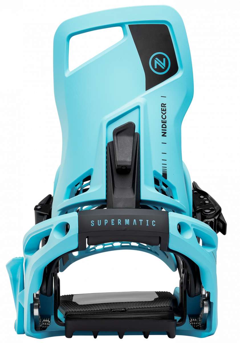 Nidecker Supermatic Snowboard Binding - A light blue snowboard binding with a black strap and buckle, featuring a logo in the same color scheme on its side.