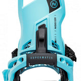 Nidecker Supermatic Snowboard Binding - A light blue snowboard binding with a black strap and buckle, featuring a logo in the same color scheme on its side.