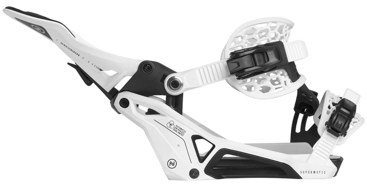 Nidecker Supermatic Step In Snowboard Bindings 2024 - White bindings with black buckles and straps.