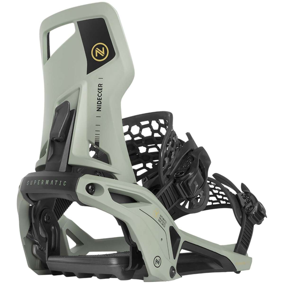Nidecker Supermatic Step In Snowboard Bindings 2024 - A pair of snowboard bindings with a black base and silver buckles.