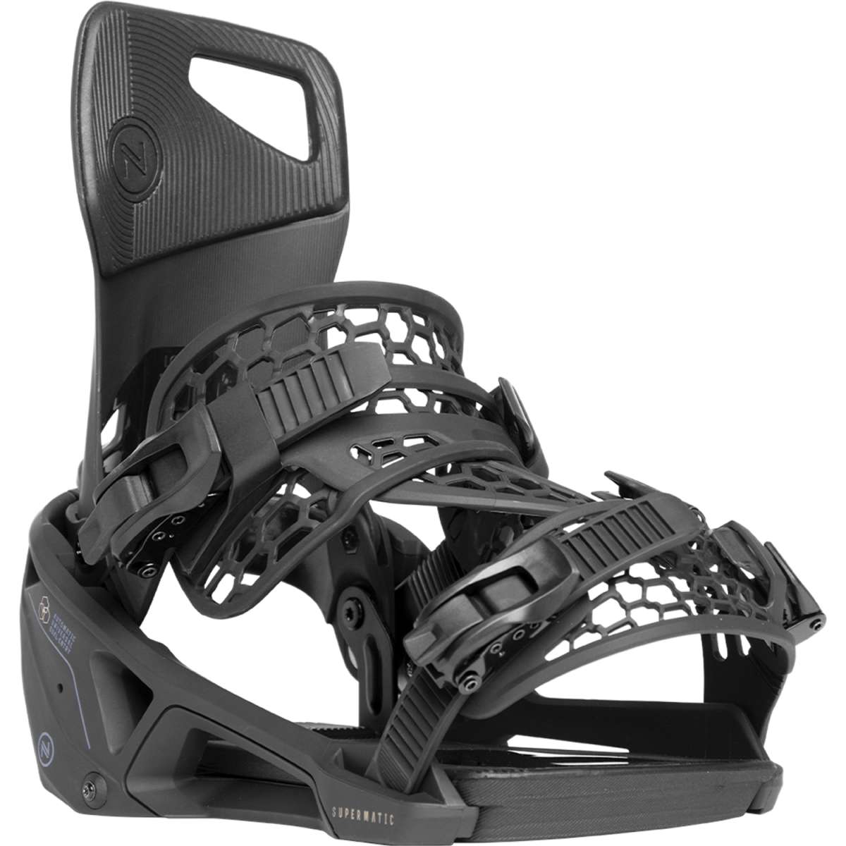 Nidecker Supermatic Step In Snowboard Bindings 2024 - A pair of black snowboard bindings with a textured plastic base and a circular logo on the top strap.