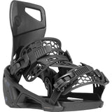 Nidecker Supermatic Step In Snowboard Bindings 2024 - A pair of black snowboard bindings with a textured plastic base and a circular logo on the top strap.