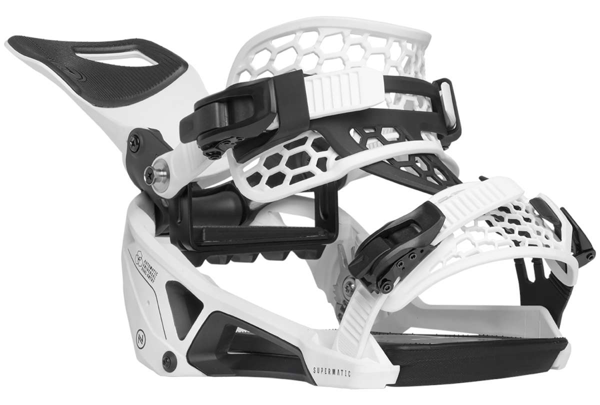 Nidecker Supermatic Step In Snowboard Bindings 2024 - A pair of white snowboard bindings with black buckles and straps, featuring a honeycomb pattern on the ankle strap.