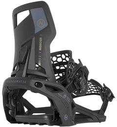 Nidecker Supermatic Step In Snowboard Bindings 2024 - Black bindings with gold lettering and logo on top of left binding.