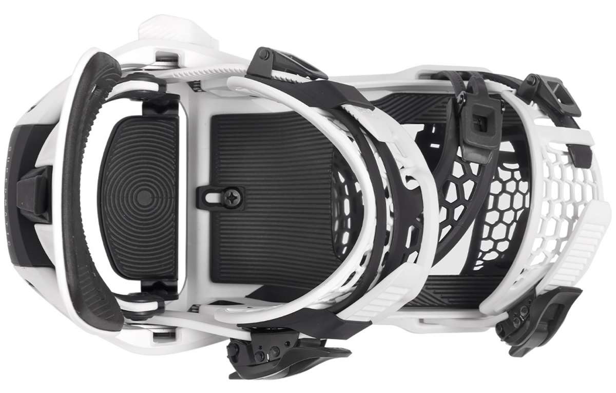 Nidecker Supermatic Step In Snowboard Bindings 2024 - A pair of white snowboard bindings with black straps and buckles, viewed from above.