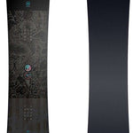 Nidecker Women's Venus Plus Snowboard 2024 - A black snowboard with a floral pattern and three circular logos in blue, pink, and teal.