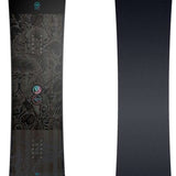 Nidecker Women's Venus Plus Snowboard 2024 - A black snowboard with a floral pattern and three circular logos in blue, pink, and teal.