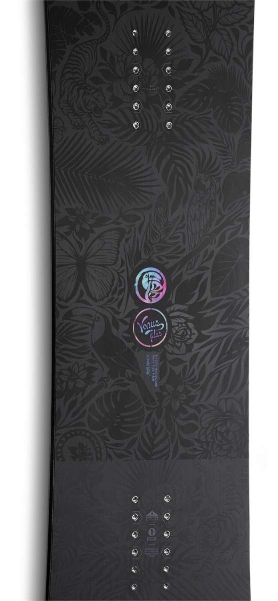 Nidecker Women's Venus Plus Snowboard 2024 - A black snowboard with a floral pattern and a circular logo featuring the word "Venus" in cursive script at the top center.
