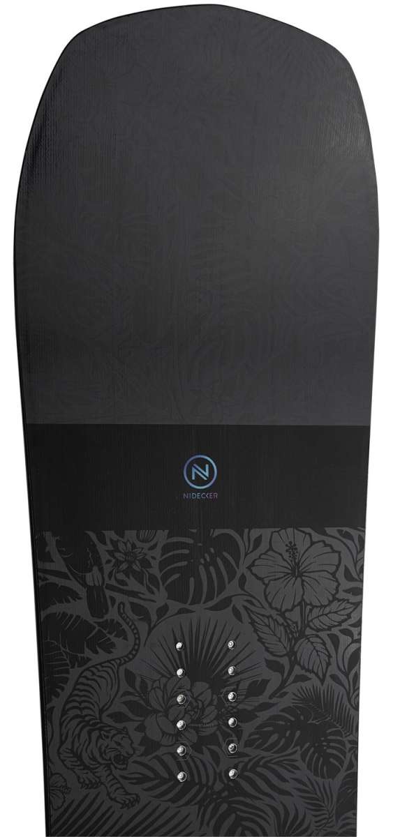 Nidecker Women's Venus Plus Snowboard 2024 - A black snowboard with a subtle floral pattern and silver screws on the bottom.
