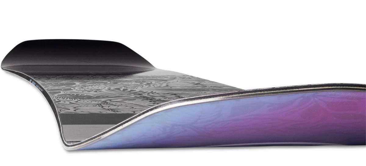 Nidecker Women's Venus Plus Snowboard 2024 - A snowboard with a black top and purple bottom, featuring a floral pattern on its surface.