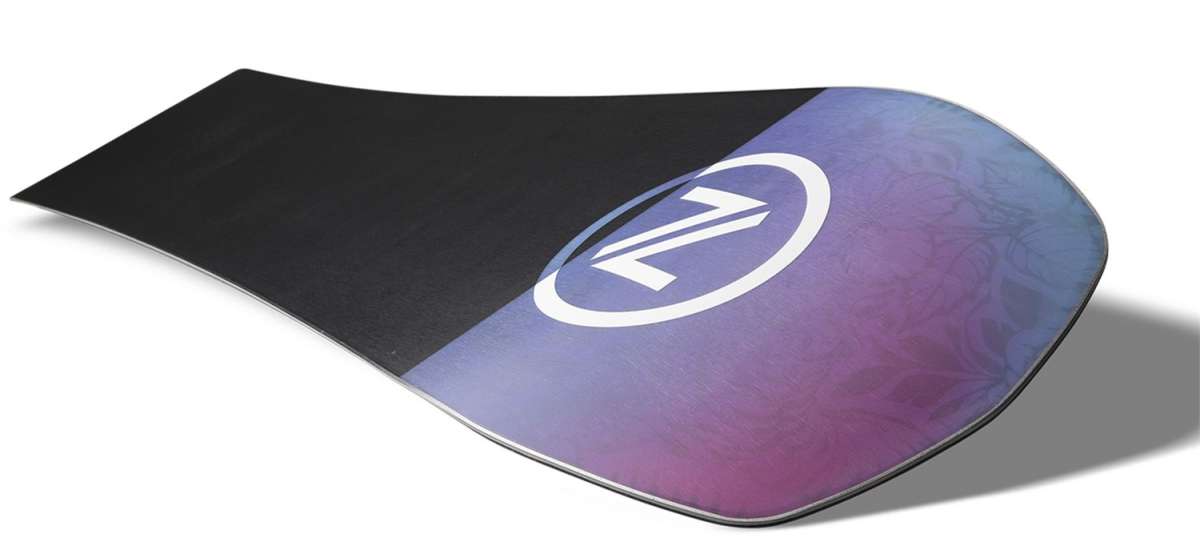 Nidecker Women's Venus Plus Snowboard 2024 - A black snowboard with a white logo on top of a purple and blue gradient background.