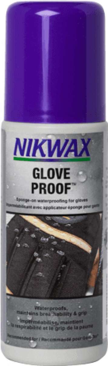 Nikwax Glove Proof - A purple spray bottle with a white label and blue lettering, featuring an illustration of a gloved hand holding a ski pole.