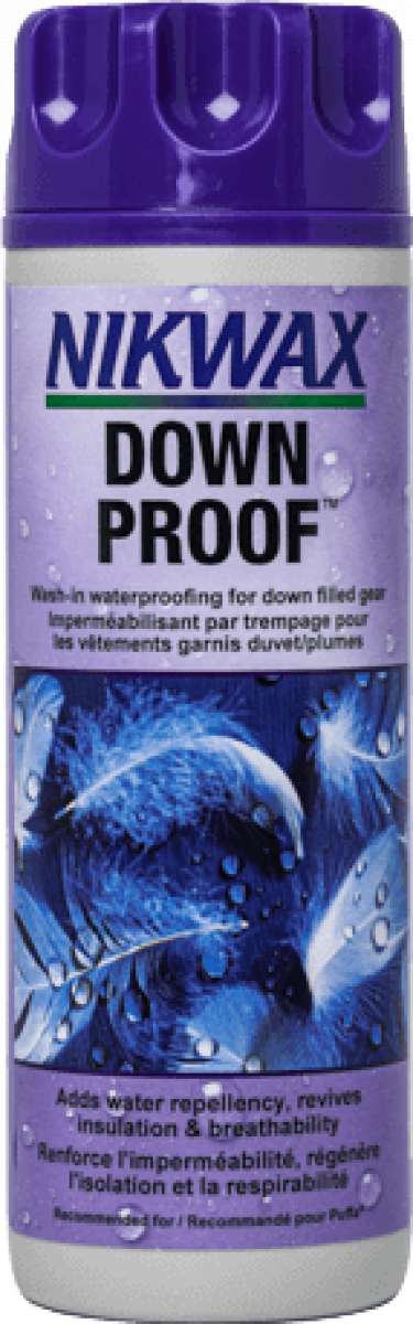 Nikwax Down Proof Spray On - A purple spray can with a white cap and label, featuring a green logo that says "NIKWAX" in blue letters.