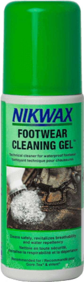 Nikwax Footwear Cleaning Gel - A green bottle with a white cap and blue lettering, featuring an image of a shoe sole being cleaned with a brush.