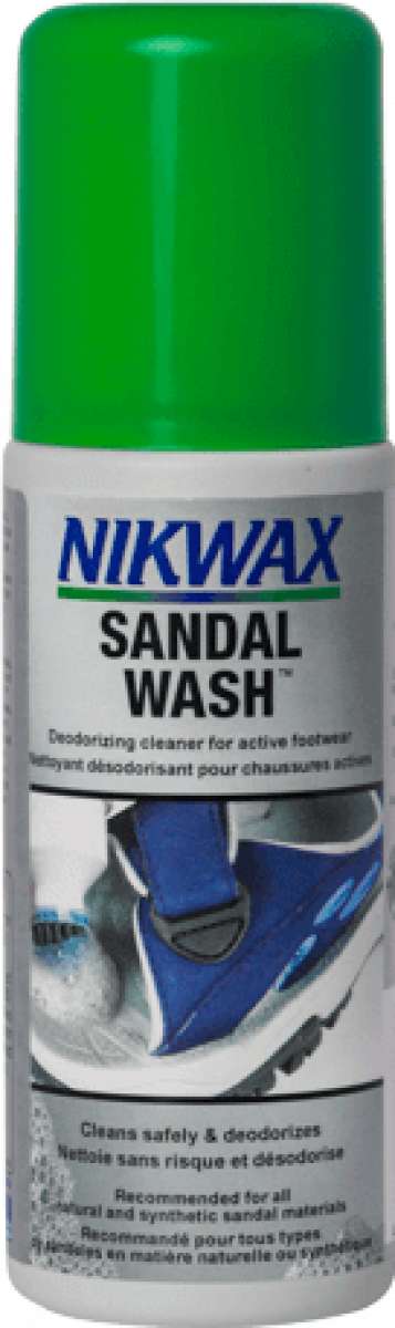 Nikwax Sandal Wash - A white bottle with a green cap and blue lettering on the label.