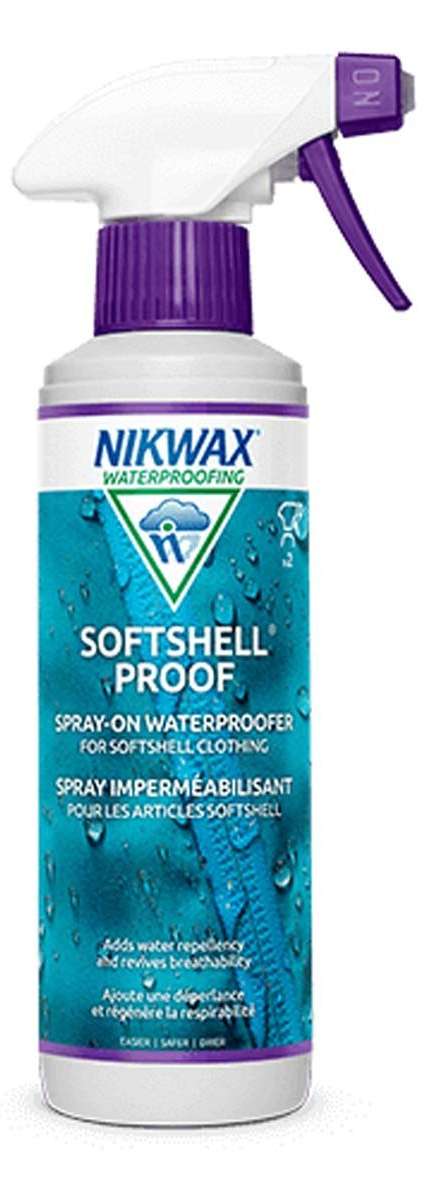 Nikwax Softshell Proof Spray On - A spray can with a white body and purple nozzle, featuring a label with blue and green text that reads "NIKWAX WATERPROOFING" at the top.
