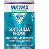 Nikwax Softshell Proof Spray On - A spray can with a white body and purple nozzle, featuring a label with blue and green text that reads "NIKWAX WATERPROOFING" at the top.