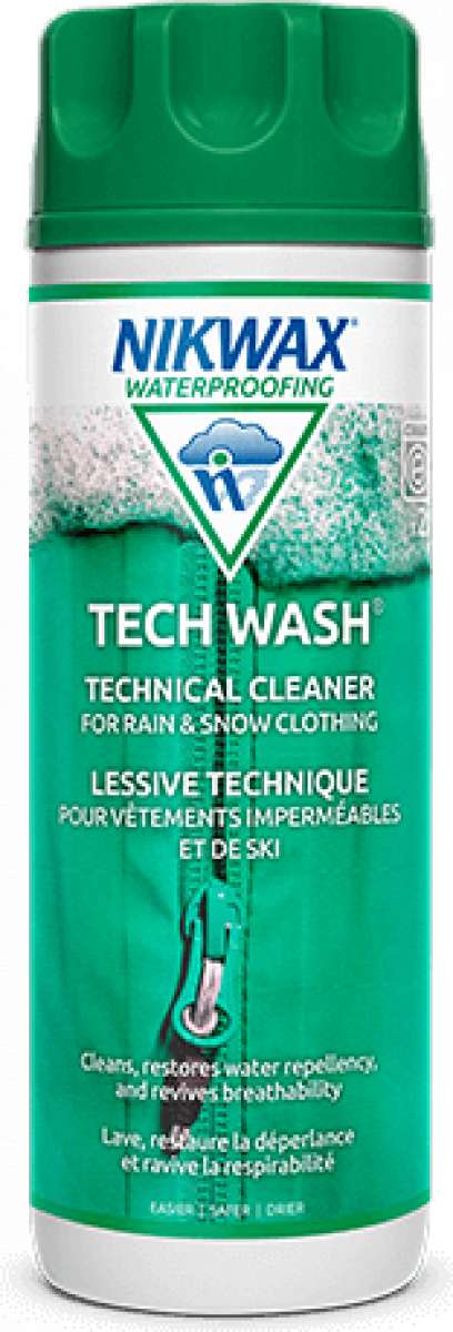 Nikwax Tech Wash 2024 - A green bottle with a white label and blue logo, featuring a cloud graphic and the word "WATERPROOFING" in small letters.