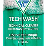Nikwax Tech Wash 2024 - A green bottle with a white label and blue logo, featuring a cloud graphic and the word "WATERPROOFING" in small letters.