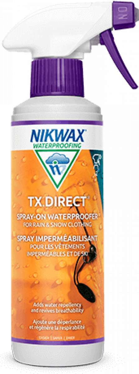 Nikwax TX Direct Spray On - A white spray bottle with a purple nozzle and cap, featuring a blue logo on the front that says "NIKWAX" in bold letters.