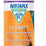 Nikwax TX Direct Spray On - A white spray bottle with a purple nozzle and cap, featuring a blue logo on the front that says "NIKWAX" in bold letters.