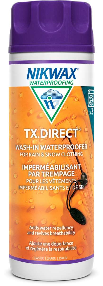 Nikwax TX Direct Wash In - A white spray can with a blue and green logo on the front, featuring a cloud and a droplet of water.