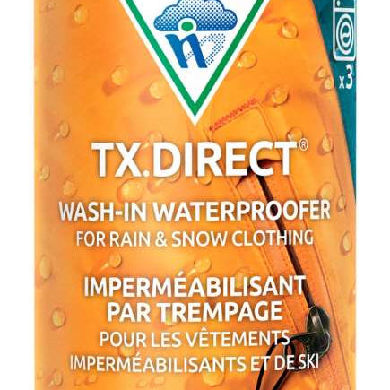 Nikwax TX Direct Wash In - A white spray can with a blue and green logo on the front, featuring a cloud and a droplet of water.