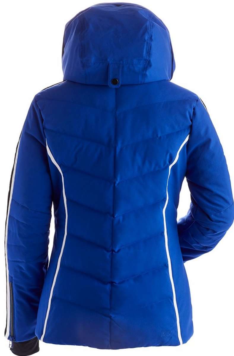 Nils Women's Courchevel Insulated Jacket - A royal blue jacket with white stripes on the side and a black zipper running down the front.