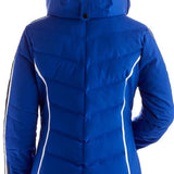 Nils Women's Courchevel Insulated Jacket - A royal blue jacket with white stripes on the side and a black zipper running down the front.