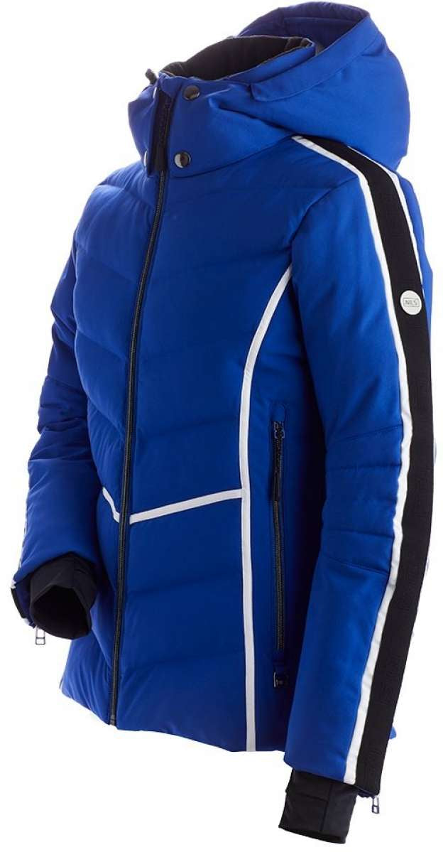 Nils Women's Courchevel Insulated Jacket - A royal blue jacket with a black zipper and two zippered pockets on either side, featuring white accents along the sides.