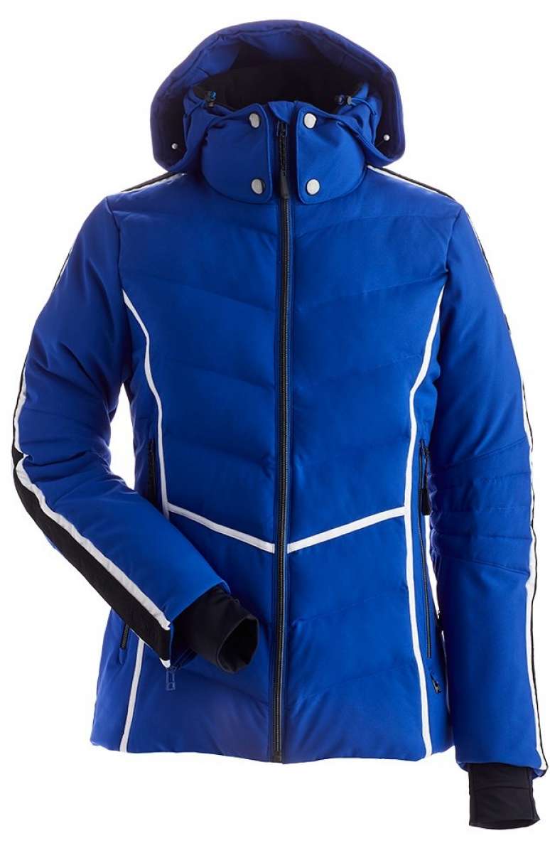 Nils Women's Courchevel Insulated Jacket - A royal blue jacket with white stripes on the side and a black zipper down the front.