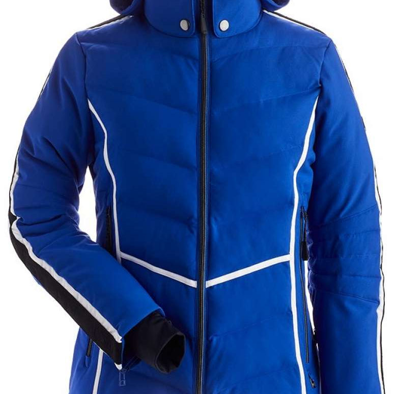 Nils Women's Courchevel Insulated Jacket - A royal blue jacket with white stripes on the side and a black zipper down the front.