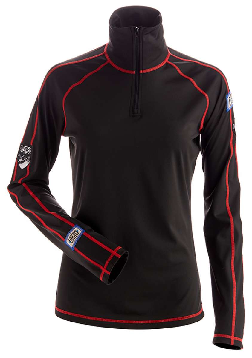 Nils Women's Gwen Quarter-Zip Sweater - A black sweater with a quarter-zip neckline and red stripes on the shoulders, chest, and sides.