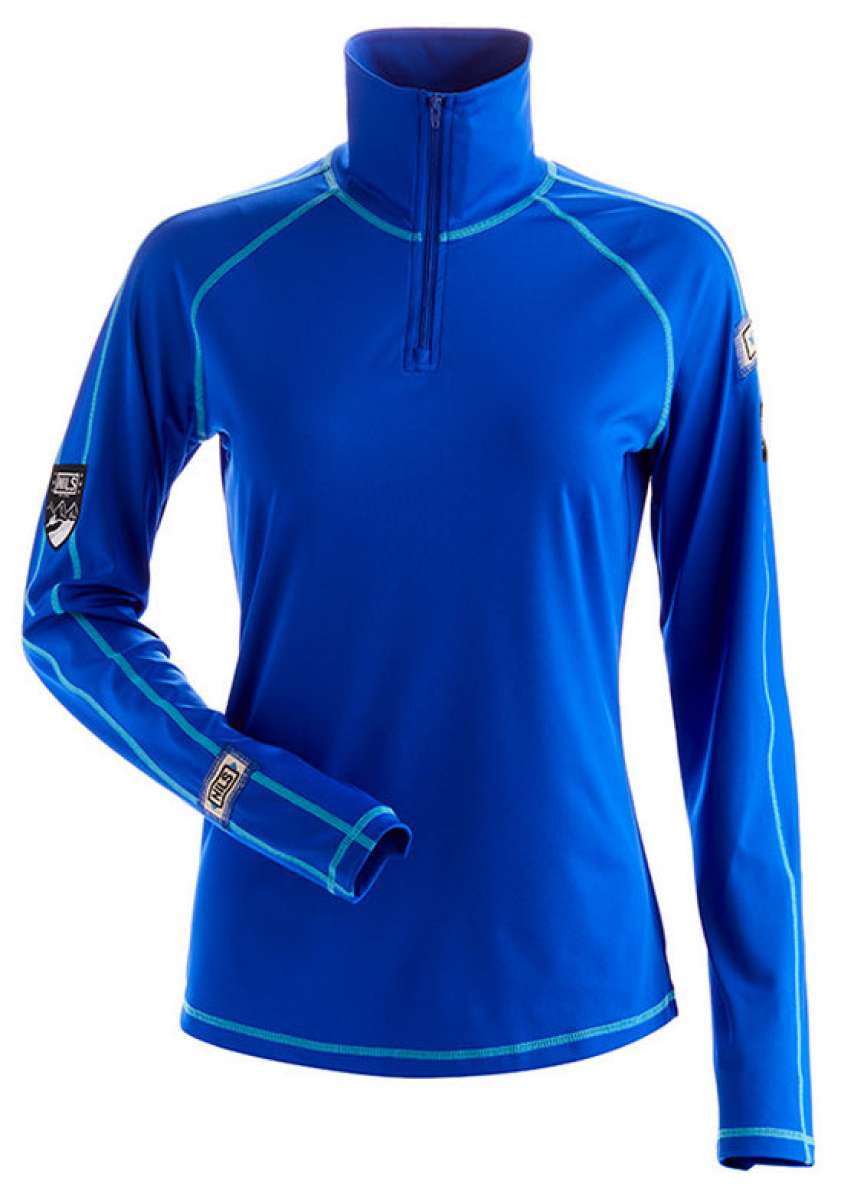 NILS Ladies Gwen Quarter Zip Top 2022-2023 - A royal blue quarter-zip top with a high collar and teal piping along the seams.