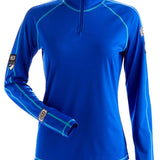 NILS Ladies Gwen Quarter Zip Top 2022-2023 - A royal blue quarter-zip top with a high collar and teal piping along the seams.