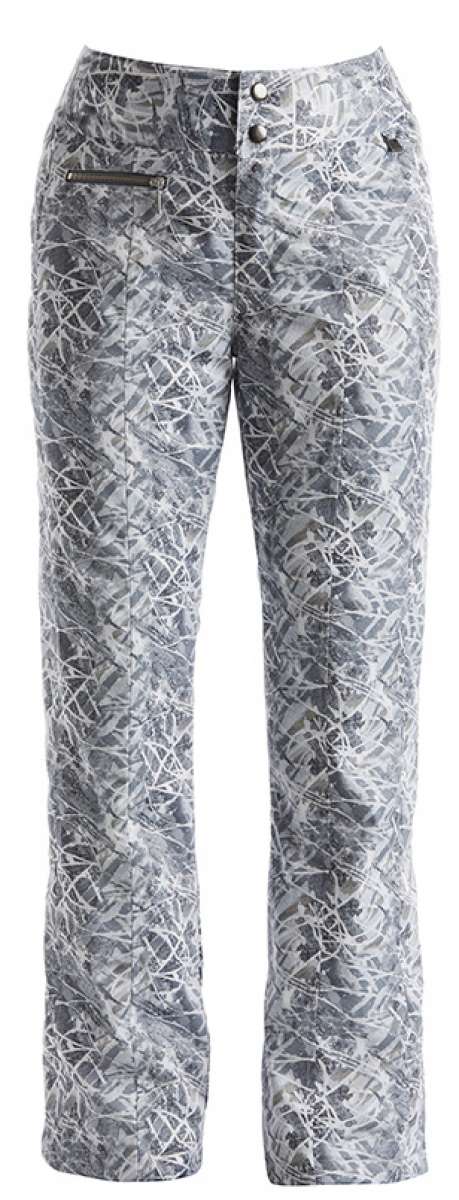 NILS Ladies Megeve Insulated Print Pant 2022-2023 - A pair of insulated snow pants with a gray and white abstract print pattern.