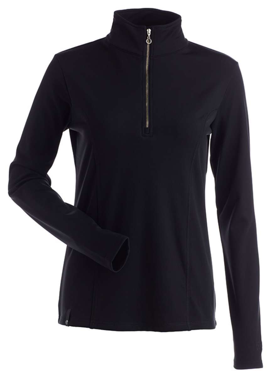 NILS Ladies Robin Quarter-Zip Sweater - A black quarter-zip sweater with a high collar and zippered neckline, featuring a subtle pattern of thin white stripes on the chest area.