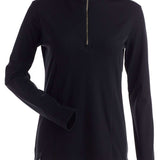 NILS Ladies Robin Quarter-Zip Sweater - A black quarter-zip sweater with a high collar and zippered neckline, featuring a subtle pattern of thin white stripes on the chest area.