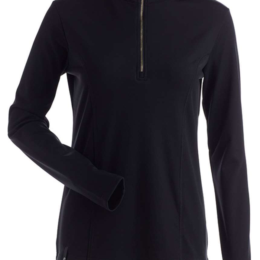 NILS Ladies Robin Quarter-Zip Sweater - A black quarter-zip sweater with a high collar and zippered neckline, featuring a subtle pattern of thin white stripes on the chest area.
