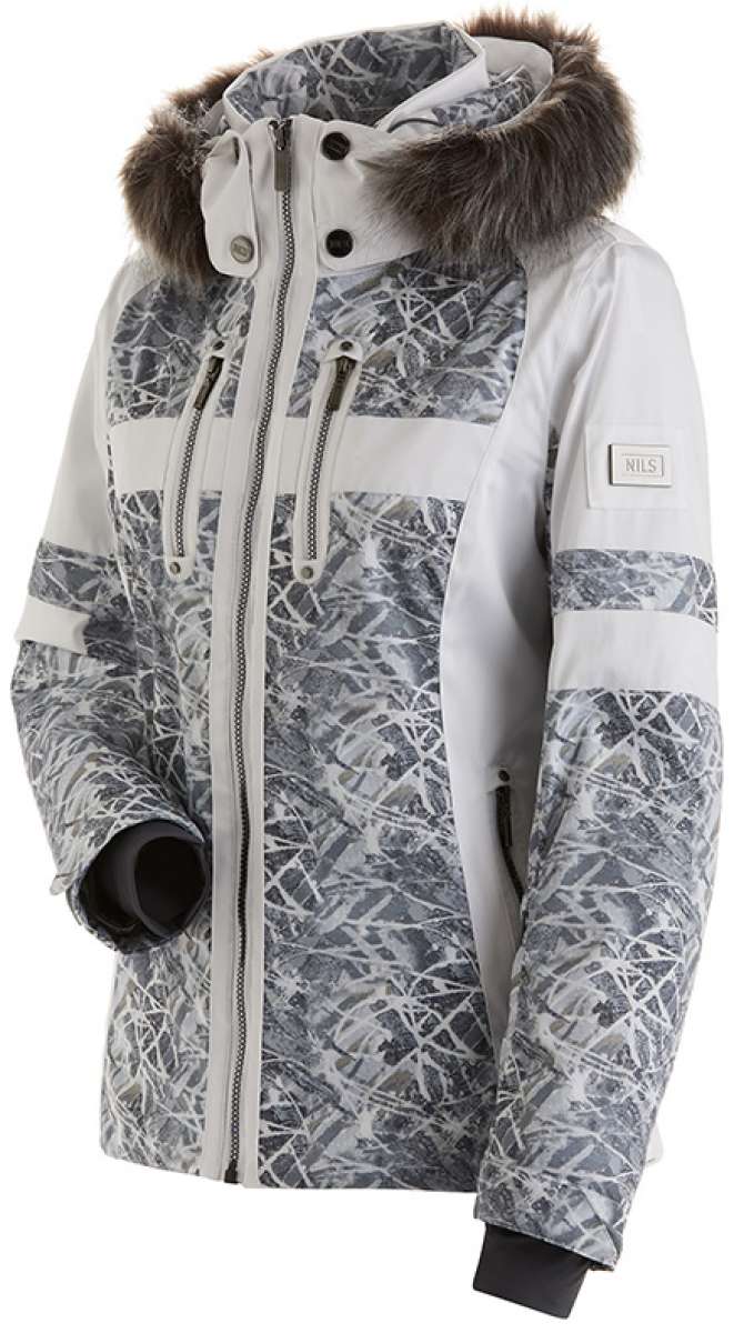 Nils Ladies Val D'Isere Print Faux Fur Jacket 2022-2023 - A ladies jacket with a print design and faux fur trim around the hood.