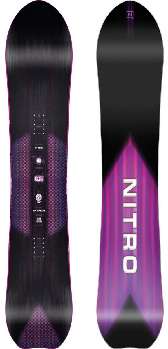 Nitro Dropout Snowboard 2024 - A black snowboard with a purple gradient design and white lettering on top.
