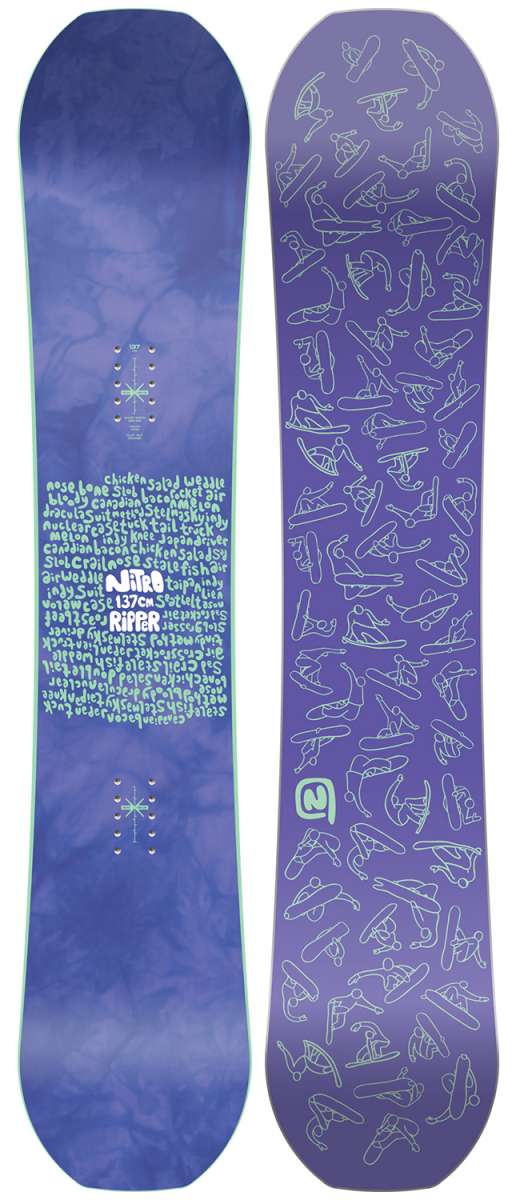 Nitro's Ripper Snowboard - A blue snowboard with a white logo and text on top of it.