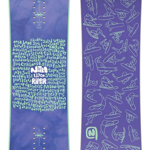 Nitro's Ripper Snowboard - A blue snowboard with a white logo and text on top of it.