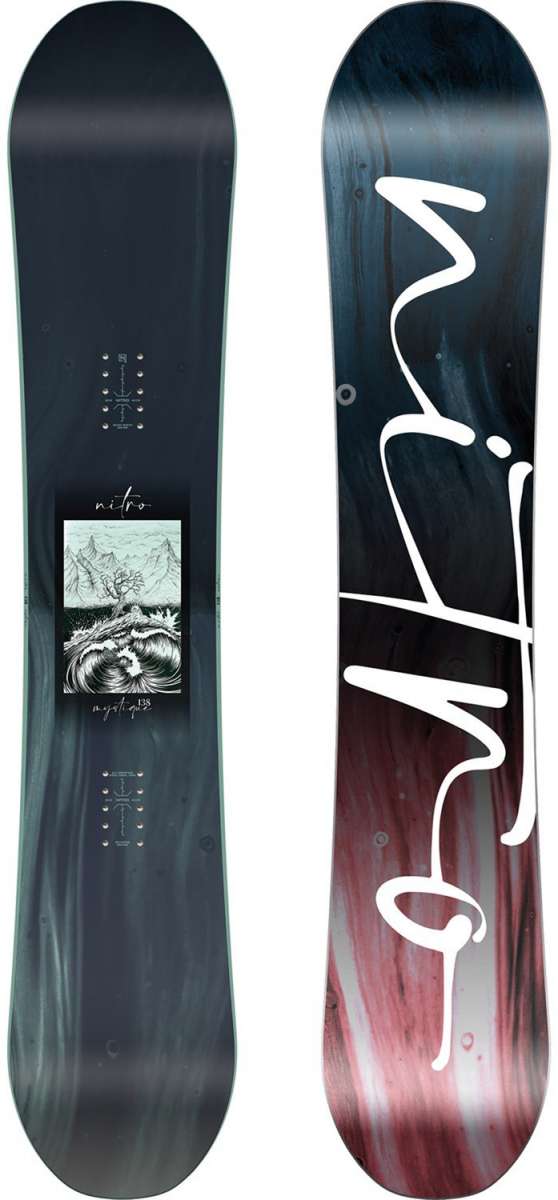Nitro Women's Mystique Snowboard 2024 - A black snowboard with a white squiggly line design on top of a mountain graphic.