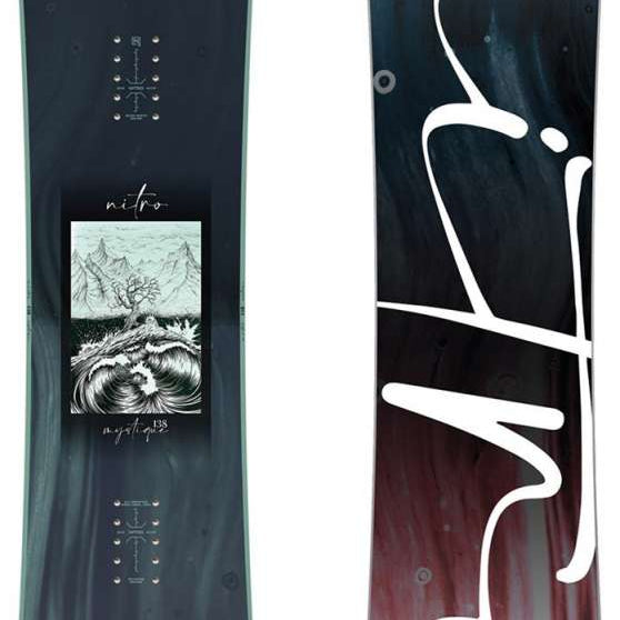 Nitro Women's Mystique Snowboard 2024 - A black snowboard with a white squiggly line design on top of a mountain graphic.
