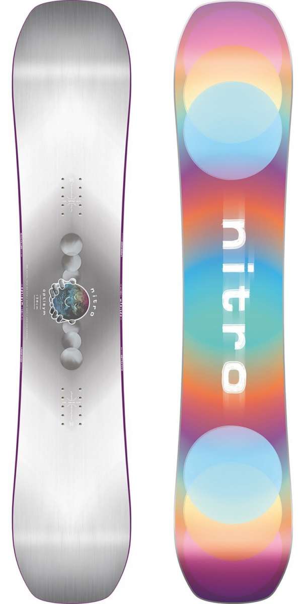 Nitro Women's Optisym Snowboard 2024 - A snowboard with a white base and blue, orange, and purple gradient design on top.
